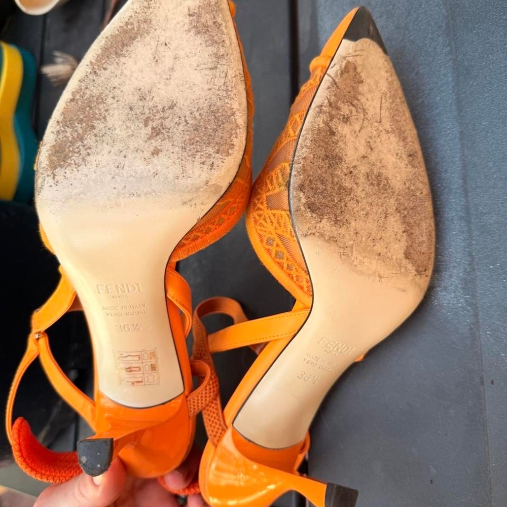 Fendi Colibri Orange Mesh Slingback Pumps Neon Pointed Toe Kitten Heels 36.5 - Picture 5 of 8